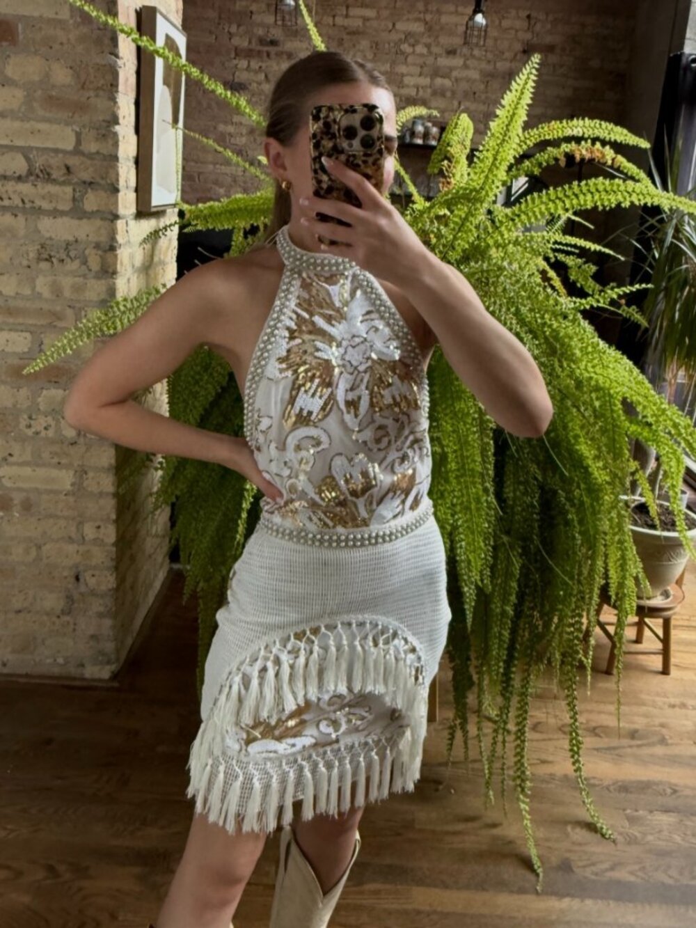 12th Tribe White and Gold Fringe Dress